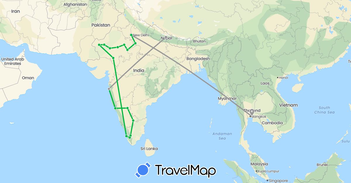 TravelMap itinerary: driving, bus, plane in India, Nepal, Thailand (Asia)